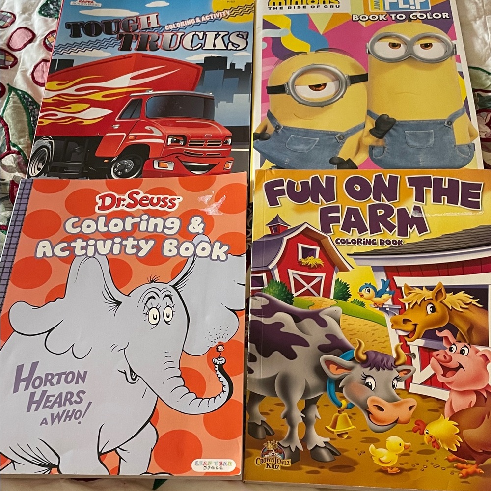 Lot of Four New Coloring Books Tough Trucks, Minions, Fun On The Farm, & Horton